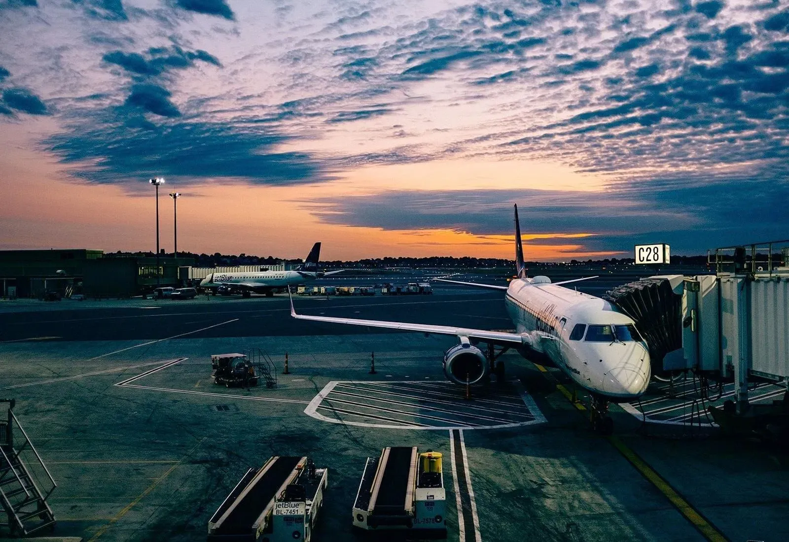 Aircraft waiting at the airport in the early evening