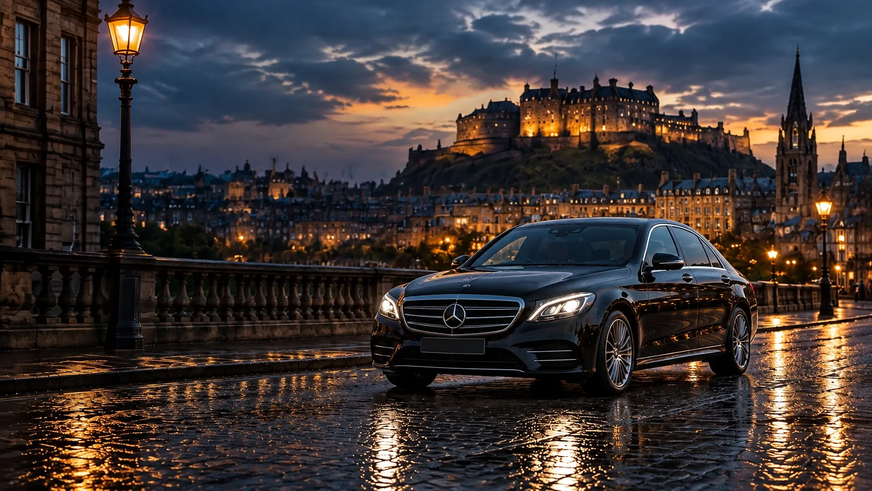 A black chauffeur saloon on a wet Edinburgh street beneath the illuminated castle
